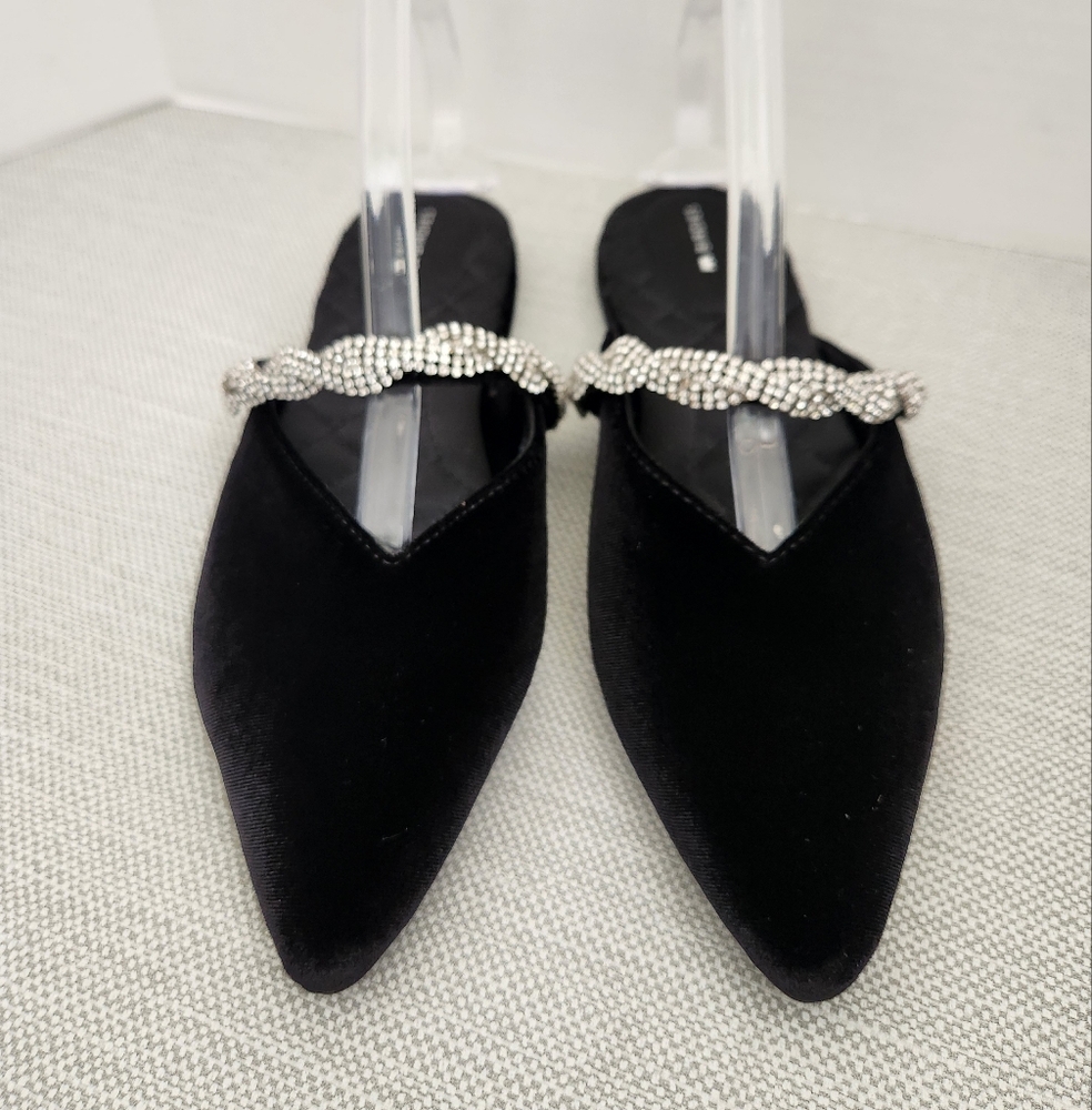 Birdies The Swan Size 8 Black Velvet Faux Crystal Mules Flat Shoes - Picture 3 of 14